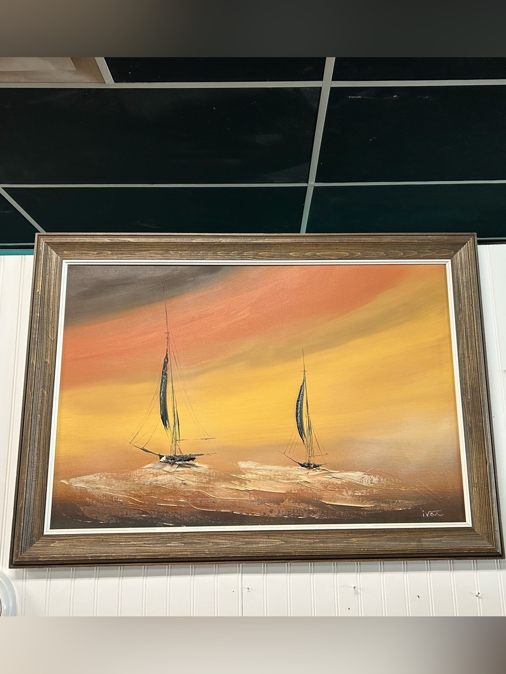 Large vintage painting Artist signed Ivan sail boats 1970’s orange yellow